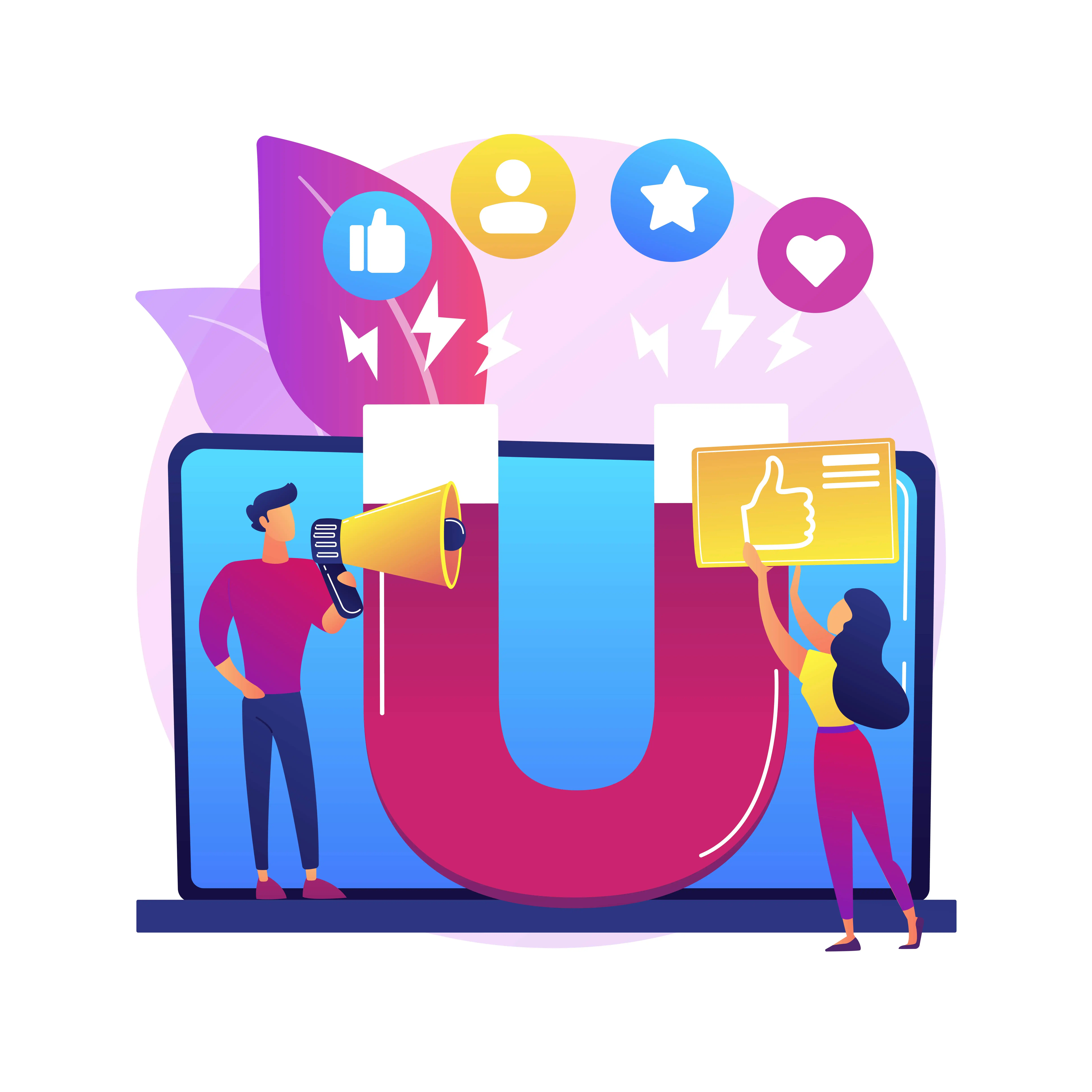 Illustration of a marketer using a megaphone surrounded by digital marketing icons